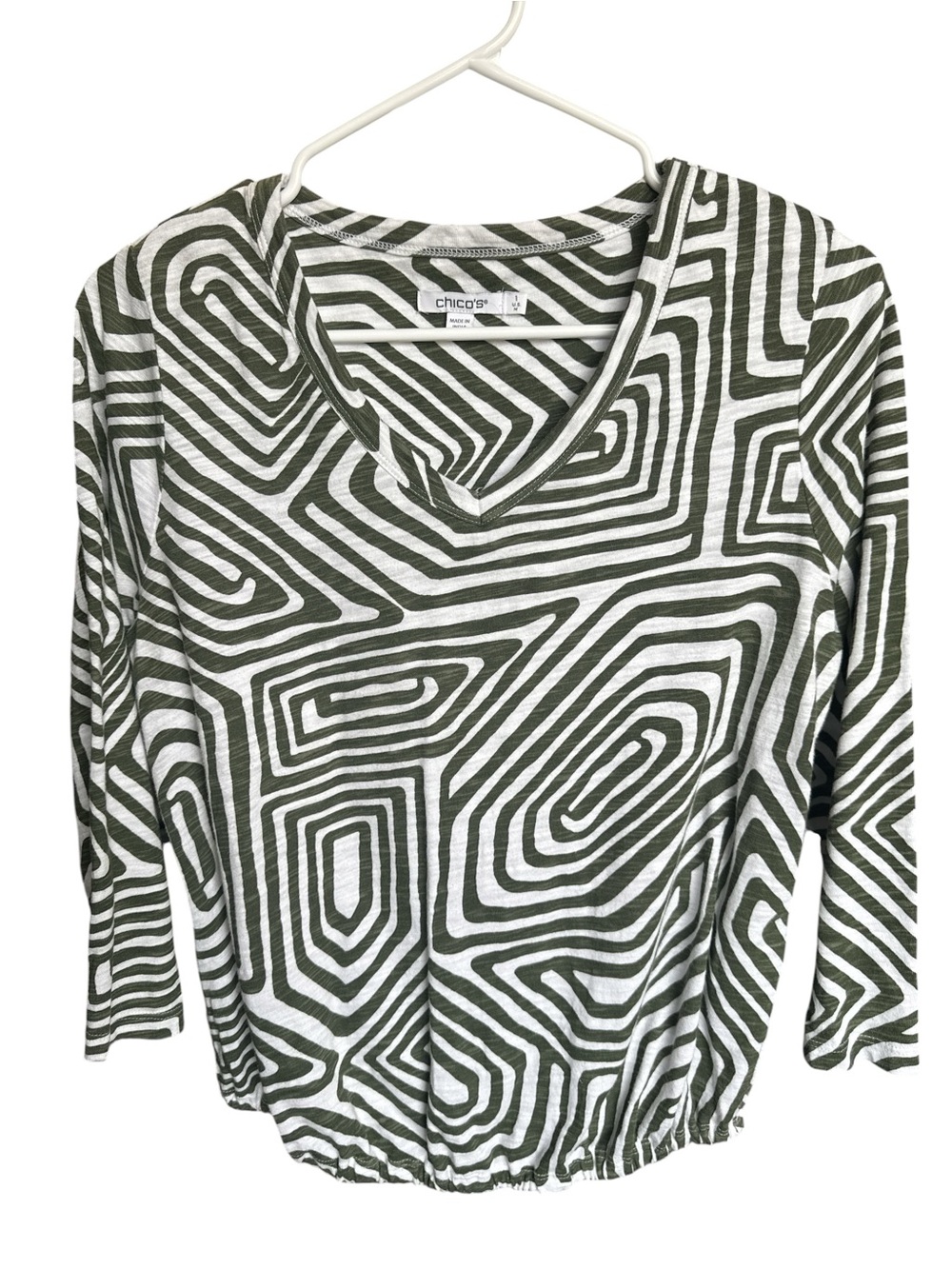 Chico's Olive & White Abstract V-Neck Long Sleeve Top